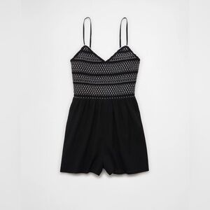 AE American Eagle Textured Smocked V-Neck Romper Black Size Medium